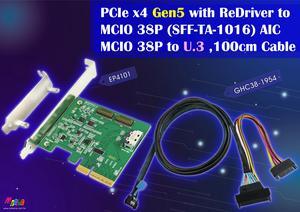 PCIe x4 Gen 5 with ReDriver to MCIO 38P (SFF-TA-1016) AIC + MCIO 38P to U.3 (SFF-8639) , 100CM Cable
