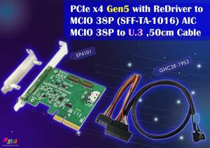 PCIe x4 Gen 5 with ReDriver to MCIO 38P (SFF-TA-1016) AIC + MCIO 38P to U.3 (SFF-8639) , 50CM Cable