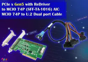 PCIe x8 Gen 5 with ReDriver to MCIO 74P (SFF-TA-1016) AIC + MCIO 74P to U.2 (SFF-8639)x2 Y Cable