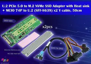 MCIO 74P (PCIe 5.0) to U.2 x2 Y Cable, 50cm & U.2 to M.2 Adapter x2pcs Kits