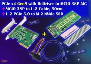 PCIe x4 Gen 5 with ReDriver to MCIO 38P (SFF-TA-1016) dual port AIC & MCIO 38P to U.2 (SFF-8639) Cable, 50cm & U.2 to M.2 Adapter Kits