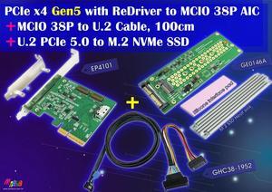PCIe x4 Gen 5 with ReDriver to MCIO 38P (SFF-TA-1016) dual port AIC & MCIO 38P to U.2 (SFF-8639) Cable, 100cm & U.2 to M.2 Adapter Kits