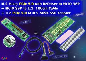 M.2 PCIe 5.0 with ReDriver to MCIO 38P + MCIO 38P to U.2, 100cm cable + U.2 to M.2 adapter