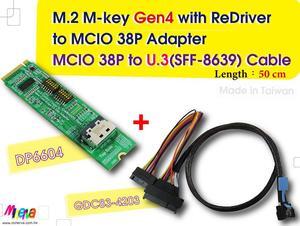 M.2 PCIe 4.0 with ReDriver to MCIO 38P+MCIO 38P to U.3(SFF-8639) Cable, 50cm