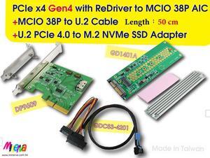 PCIe x4 Gen4 with ReDriver to MCIO 38P AIC & MCIO 38P to U.2, 50 cm Cable & U.2 to M.2 SSD Adapter with Heat Sink KIT