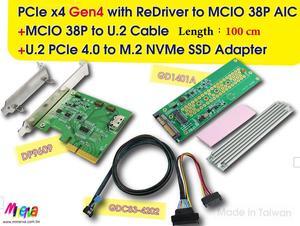 PCIe x4 Gen4 with ReDriver to MCIO 38P AIC & MCIO 38P to U.2, 100 cm Cable & U.2 to M.2 SSD Adapter with Heat Sink KIT