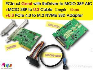 PCIe x4 Gen4 with ReDriver to MCIO 38P AIC & MCIO 38P to U.3, 50 cm Cable & U.3 to M.2 SSD Adapter KIT