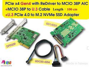 PCIe x4 Gen4 with ReDriver to MCIO 38P AIC & MCIO 38P to U.3, 100 cm Cable & U.3 to M.2 SSD Adapter KIT