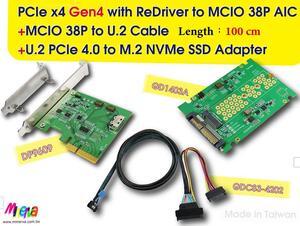 PCIe x4 Gen4 with ReDriver to MCIO 38P AIC & MCIO 38P to U.2, 100 cm Cable & U.2 to M.2 SSD Adapter KIT