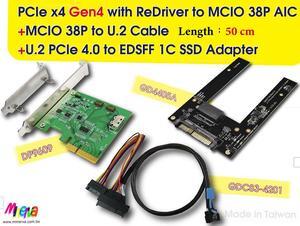 PCIe x4 Gen4 with ReDriver to MCIO 38P AIC & MCIO 38P to U.2, 50 cm Cable & U.2 to EDSFF 1C SSD Adapter KIT