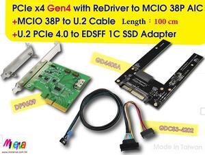 PCIe x4 Gen4 with ReDriver to MCIO 38P AIC & MCIO 38P to U.2, 100 cm Cable & U.2 to EDSFF 1C SSD Adapter KIT