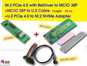 M.2 M-key PCIe 4.0 with ReDriver to MCIO 38P AIC & MCIO 38P to U.2, 50 cm Cable & U.2 to M.2 SSD Adapter KIT