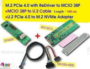 M.2 M-key PCIe 4.0 with ReDriver to MCIO 38P AIC & MCIO 38P to U.2, 100 cm Cable & U.2 to M.2 SSD Adapter KIT