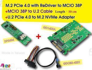 M.2 M-key PCIe 4.0 with ReDriver to MCIO 38P AIC & MCIO 38P to U.2, 50 cm Cable & U.2 to M.2 SSD Adapter KIT