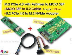 M.2 M-key PCIe 4.0 with ReDriver to MCIO 38P AIC & MCIO 38P to U.2, 100 cm Cable & U.2 to M.2 SSD Adapter KIT