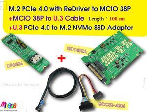 M.2 PCIe 4.0 with ReDriver to MCIO 38P AIC & MCIO 38P to U.3, 100 cm Cable & U.3 to M.2 SSD Adapter KIT