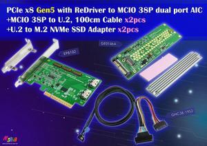 PCIe x8 Gen 5 with ReDriver to MCIO 38P AIC & MCIO 38P to U.2, 100cm cable x2pcs & U.2 to M.2 adapter x2pcs