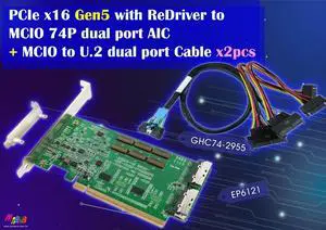 PCIe x16 Gen 5 with ReDriver to MCIO 74P Dual port+MCIO to U.2  dual port, 50cm cable x2pcs