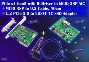 PCIe x4 Gen 5 with ReDriver to MCIO+MCIO to U.2, 50cm cable+U.2 to EDSFF 1C adapter