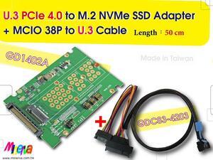 PCIe 4.0 MCIO 38P to U.3 cable, 50cm+U.3 to M.2 adapter