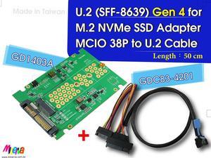 PCIe 4.0 MCIO 38P to U.2 cable, 50cm+U.2 to M.2 adapter