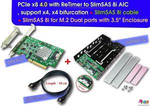 PCIe x8 Gen 4+ReTimer to SlimSAS 8i+SlimSAS 8i, 50cm cable+SlimSAS 8i to M.2 x2pcs+3.5" Enclosure