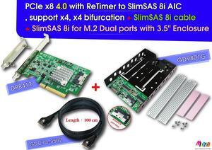 PCIe x8 Gen 4+ReTimer to SlimSAS 8i+SlimSAS 8i, 100cm cable+SlimSAS 8i to M.2 x2pcs+3.5" Enclosure