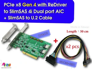 PCIe x8 Gen 4 with ReDriver to SlimSAS 4i dual port AIC & SlimSAS to U.2 (SFF-8639) ,50cm Cable x2 pcs PCIe x8 Gen 4 with ReDriver to SlimSAS 4i dual port AIC & SlimSAS to U.2 (SFF-8639) ,50cm Cable x2 pcs