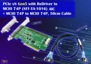 PCIe x8 Gen5 with ReDriver to MCIO 74P (SFF-TA-1016) AIC + MCIO 74P to MCIO 74P, 50cm Cable