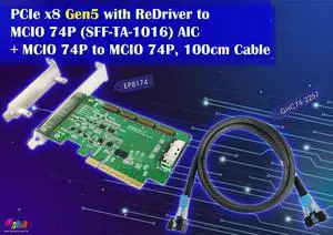 PCIe x8 Gen5 with ReDriver to MCIO 74P (SFF-TA-1016) AIC + MCIO 74P to MCIO 74P, 100cm Cable