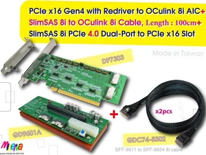PCIe x16 Gen 4 with ReDriver to OCulink 8i x2 + OCulink 8i to SlimSAS 8i cable,100cm x2pcs + SlimSAS 8i x2 to PCIex16 Slot PCIe x16 Gen 4 with ReDriver to OCulink 8i x2 + OCulink 8i to SlimSAS 8i cable,100cm x2pcs + SlimSAS 8i x2 to PCIex16 Slot