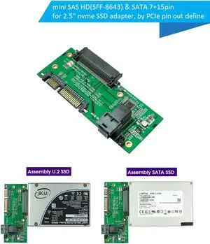 Innocard mini SAS HD(SFF-8643) & SATA 7+15pin for 2.5" nvme SSD adapter, by PCIe pin out define