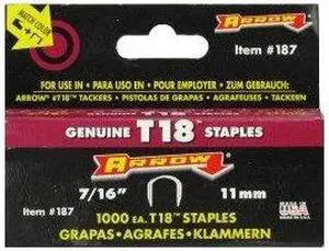 Arrow Fastener 187 T18 7/16 Inch (11mm) Staples, 1000/Pk