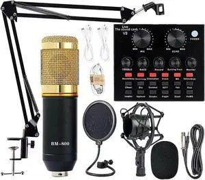 Podcast Equipment Bundle, Bm-800 Mic Kit With Live Sound Card, Adjustable Mic Suspension Scissor Arm, L Shock Mount And Double-Layer Pop Filter For Studio Recording & Broadcasting (Gold)