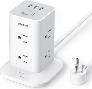 Power Strip Tower Surge Protector 8 Wide Spaced Outlets And 3 Usb Ports, Extension Cord 6 Feet Flat Plug, Charging Station With Compact Size, 1700 J Protection, 1875W, White
