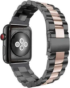 For Apple Watch Band 42Mm, 42Mm Iwatch Band Stainless Steel Replacement Band Wrist Bands With Durable Folding Metal Buckle Clasp For 42Mm Apple Watch Band Series 3/2/1 - Black/Rose Gold