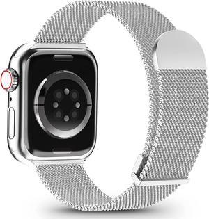Metal Magnetic Band Compatible With Apple Watch Bands 38Mm 40Mm 41Mm 42Mm 44Mm 45Mm, Silver Adjustable Strap Milanese Stainless Steel Mesh Wristband For Iwatch Series 7 6 5 4 3 2 1 Se Men Women