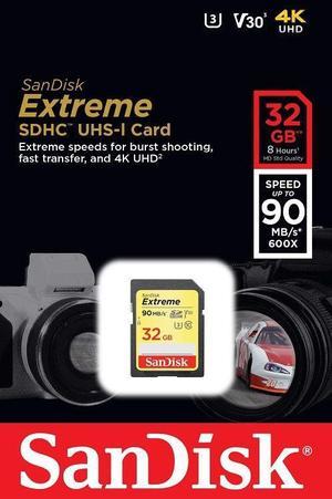 SanDisk 32GB SDHC 32G SD Extreme 90MB/s V30 4K USH-I C10 Flash Card SDSDXVE-032G