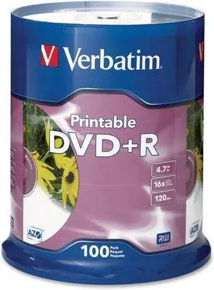 Verbatim DVD+R 4.7GB 16X White Inkjet Printable - 100pk Spindle 95145