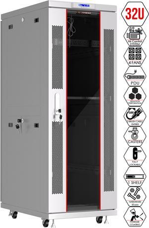 Server Rack - Locking Server Cabinet - Network Rack - Av Cabinet - 32U - Rack Mount - Free Standing Network Rack - Thermosystem - LCD-Screen - Wheels Leveler - Shelf - Cooling Fan - PDU - Light Grey