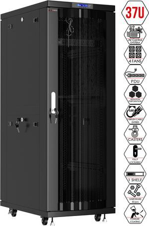 Server Rack - Locking Cabinet - Network Rack - Av Cabinet - 37U - Rack Mount - Free Standing Network Rack- Server Cabinet - Caster Leveler - Shelf - Cooling Fan - Thermostat - PDU - Venter Doors