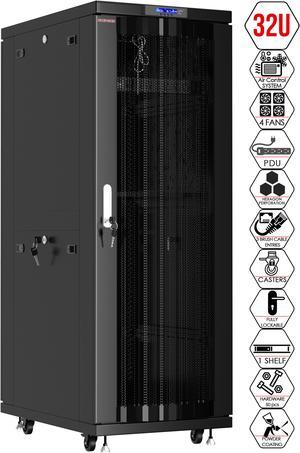 Server Rack - Locking Cabinet - Network Rack - Av Cabinet - 32U - Rack Mount - Free Standing Network Rack- Server Cabinet - Caster Leveler - Shelf - Cooling Fan - Thermostat - PDU - Venter Doors