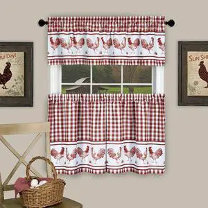 Barnyard Kitchen Curtain Tier and Valence Set, Burgundy, 58x14 and 58x36 Inches