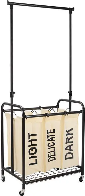 Oceanstar 3-Bag Rolling Laundry Sorter with Adjustable Hanging Bar, White