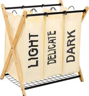 Oceanstar X-Frame Bamboo 3-Bag Laundry Sorter, White
