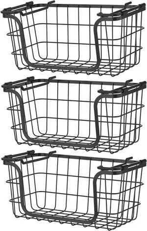Oceanstar Stackable Metal Wire Storage Basket Set for Pantry, Countertop, Kitchen or Bathroom  Black, Set of 3