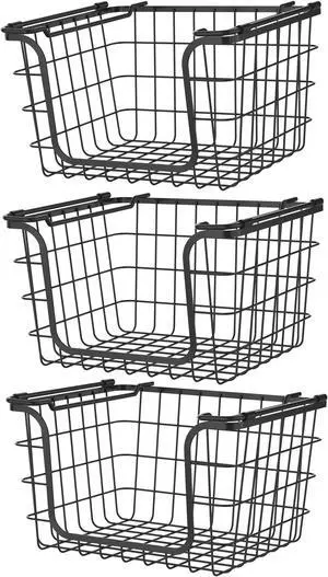 Oceanstar Stackable Metal Wire Storage Basket Set for Pantry, Countertop, Kitchen or Bathroom  Black, Set of 3