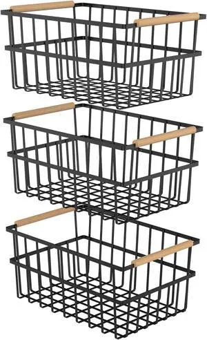 Oceanstar Metal Wire Organizer Bin Basket with Handles, Set of 3, Black