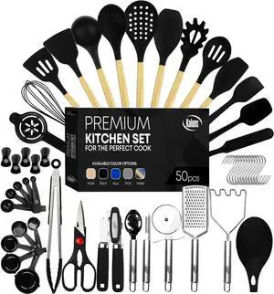 Kaluns 50 PCS Silicone Kitchen Utensils Set , 800°F Heat Resistant Non-Stick Premium Silicone Cooking Utensils With Wooden Handles