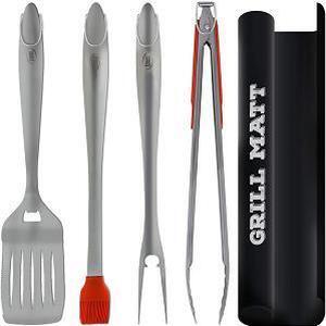 Kaluns BBQ Grilling Accessories, 5 Piece Grill Set, Heavy Duty Stainless Steel Grill Set with Spatula, Tongs, Fork, Brush and Grilling Mat